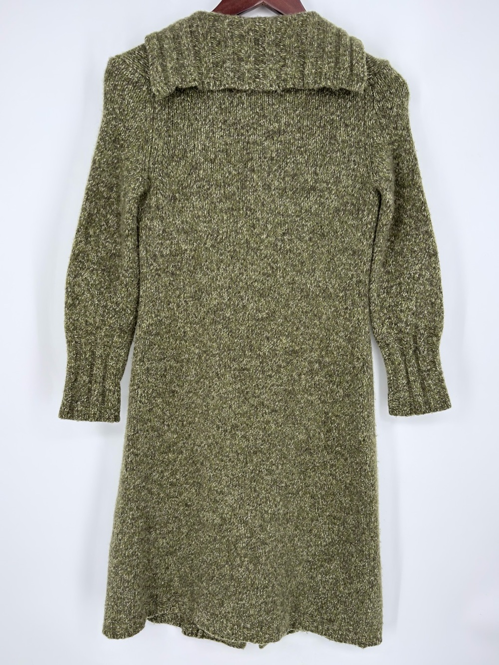 Vintage Express Merino Wool Blend Duster Cardigan Sweater S Olive Marled Knit - Picture 2 of 14